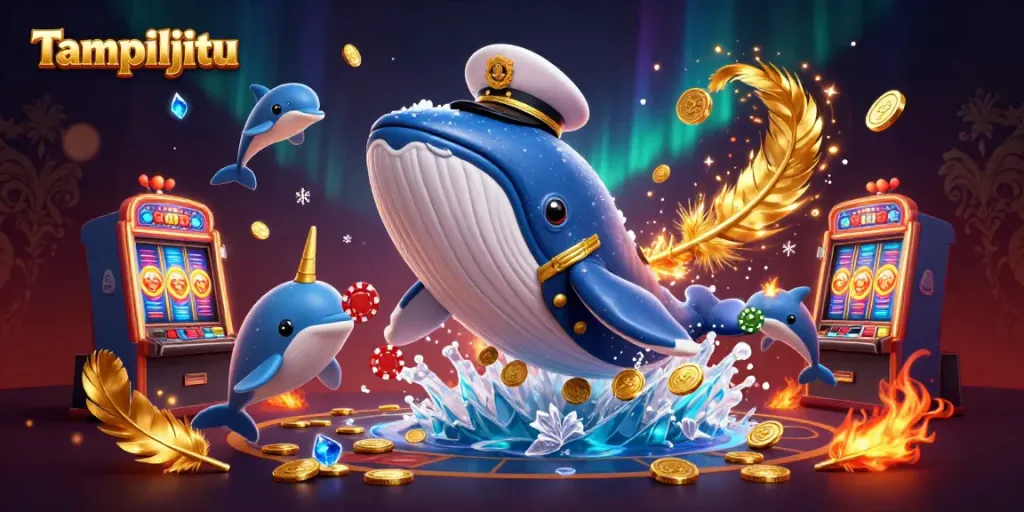 Tampiljitu's vibrant world featuring a cartoon whale and playful dolphins surrounded by slot machines and coins.