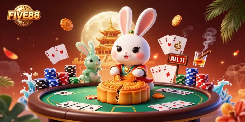 Experience vibrant gameplay with FIVE88's lunar casino scene showcasing poker chips and moon rabbits.