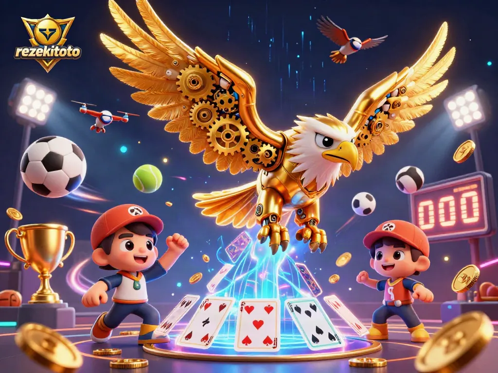 Experience the thrill of rezekitoto gaming with an energetic 3D illustration of a cybernetic eagle and sports elements.