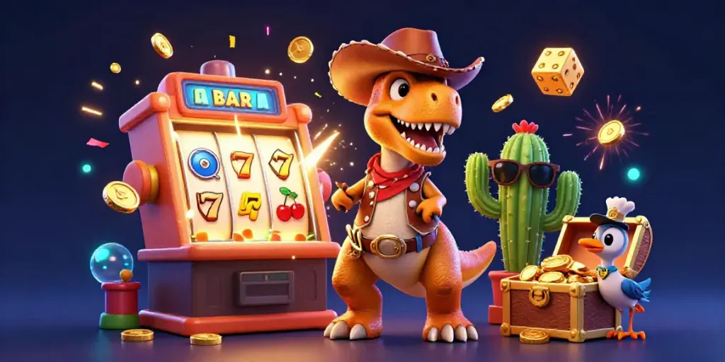 Experience SUNWIN's excitement with a vibrant 3D T-Rex and friends at the slot machines.
