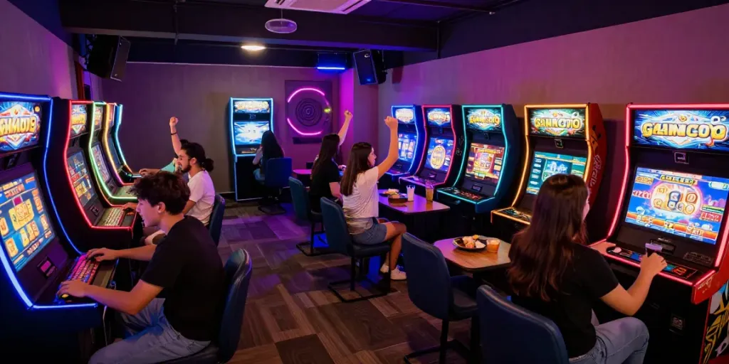 Diverse friends enjoying slot gacor games in a vibrant gaming lounge.