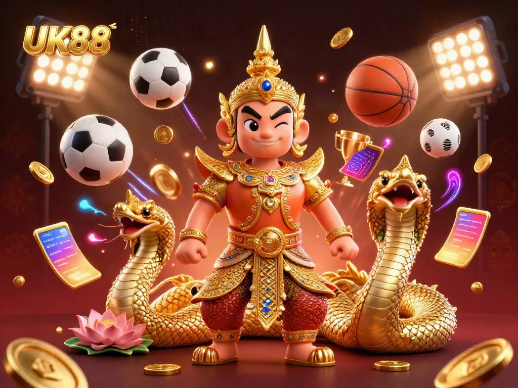 Engaging UK88 sports betting scene featuring a friendly golden armor guardian surrounded by sports elements.