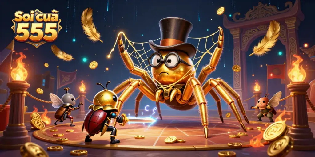 Soi cầu 555 showcases a golden tarantula weaving at a casino, thrilling beetle knight stands ready.