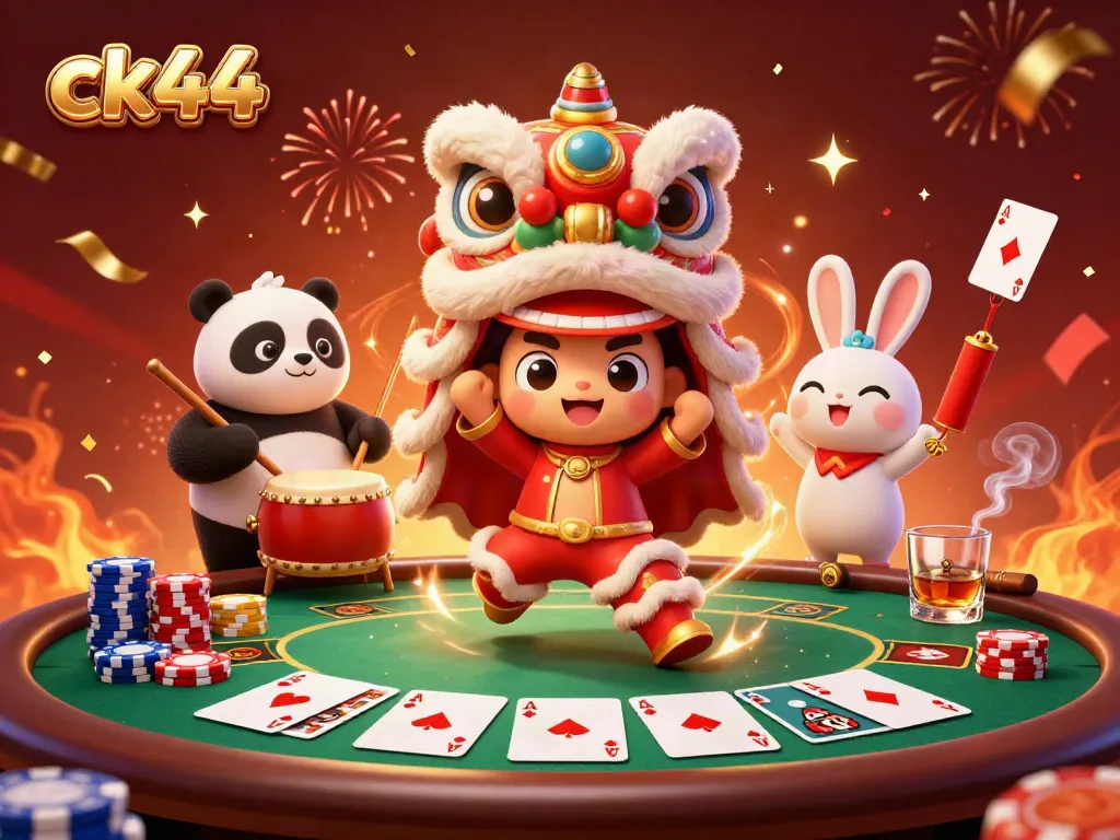 Engage with ck44's vibrant gambling scene featuring festive characters and poker elements.