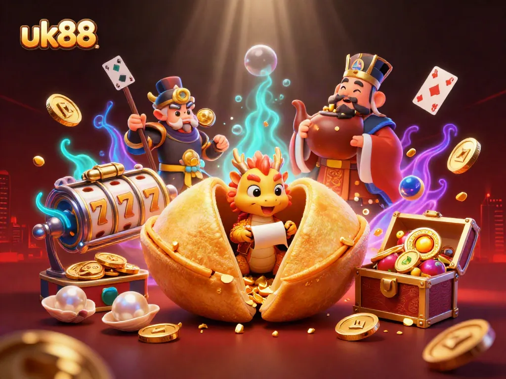Experience thrilling gameplay at uk88 with a golden fortune cookie, wise dragon, and slot reels bursting with potential.