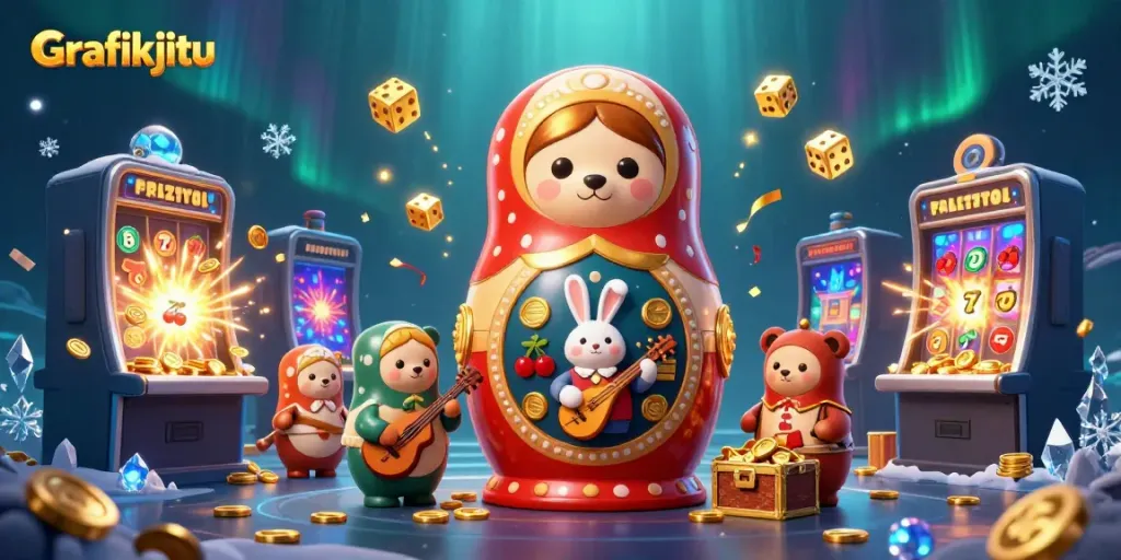 Experience excitement with Grafikjitu as cartoon characters burst into a vibrant casino scene filled with golden winnings.