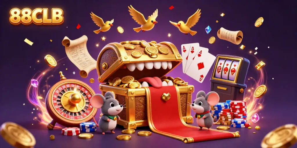 Experience exhilarating gaming at 88CLB, with golden treasures captivating adventurer mice in a vibrant casino scene.