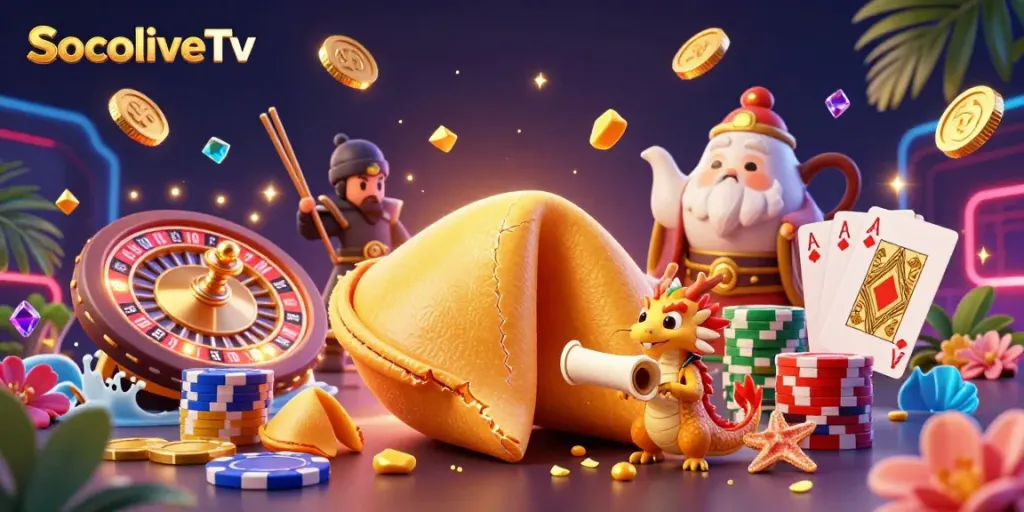 SocoliveTv showcases a vibrant casino world featuring a golden fortune cookie and tiny dragon amidst dazzling treasures.