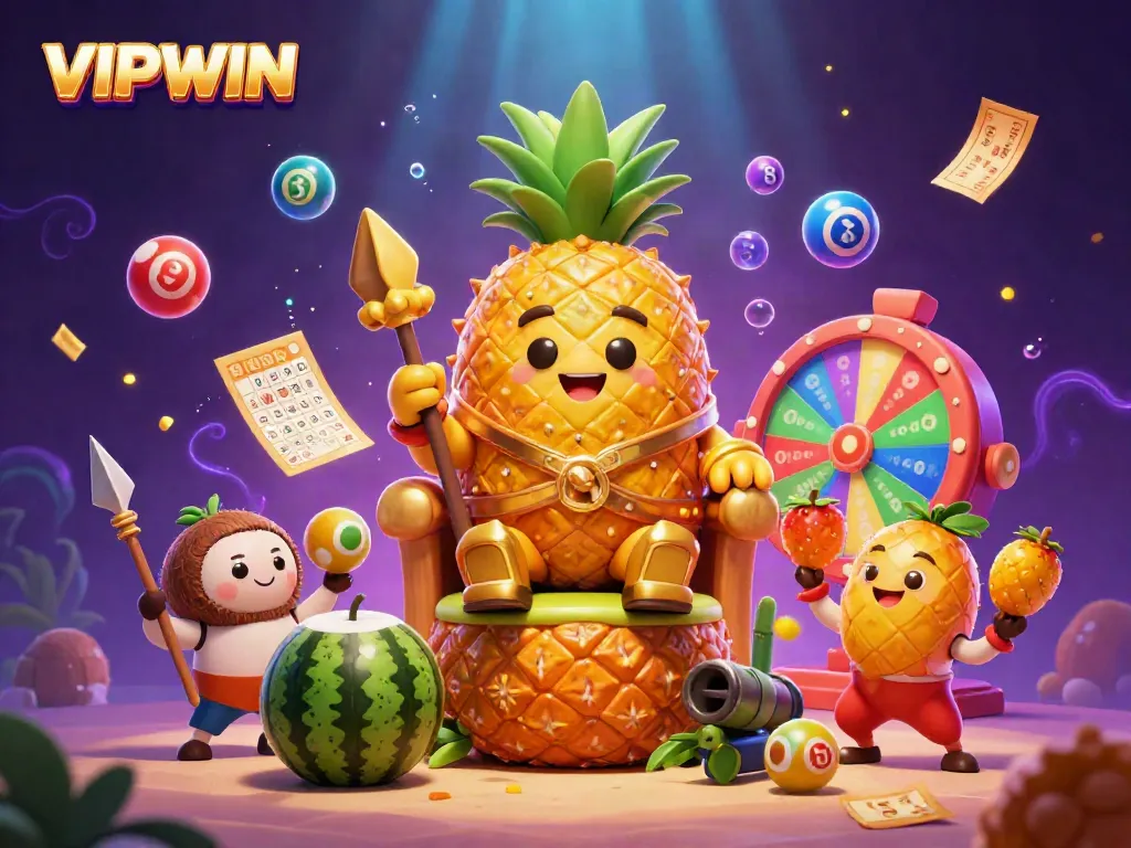 Experience the excitement of VIPWIN with a golden pineapple king and vibrant casino elements.