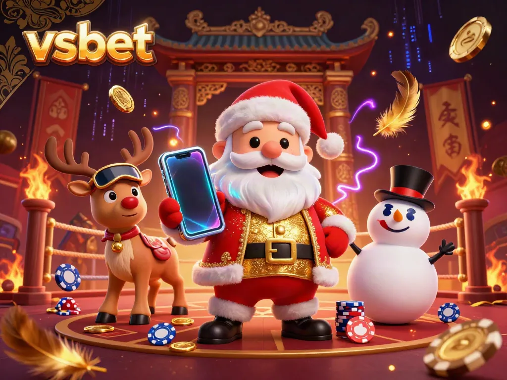 Experience thrilling jackpots with vsbet in a festive casino scene featuring Santa, his reindeer, and a snowman.