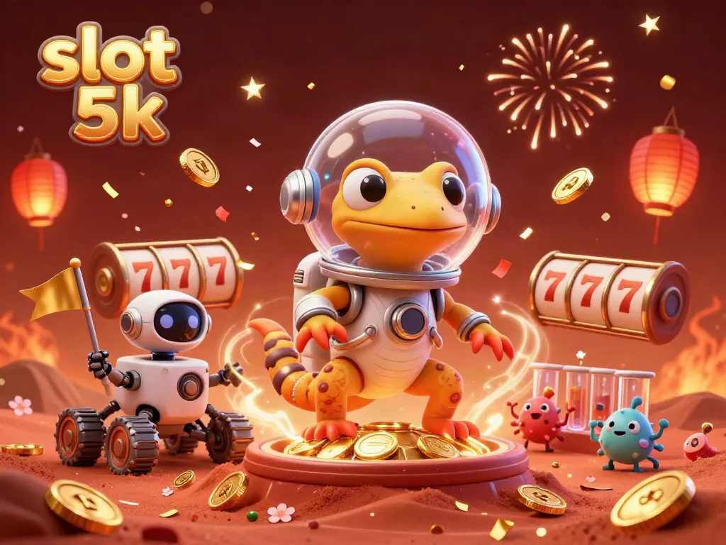 Experience thrilling wins with slot 5k, depicted by a Martian gecko exploring a golden casino.