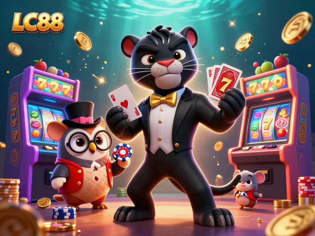 Engage in thrilling games at LC88 with a playful panther and friends amid casino excitement.