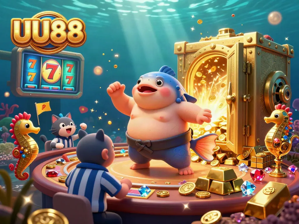 Engage with UU88's underwater casino adventure featuring fugu and catfish amid slot reels and treasures.