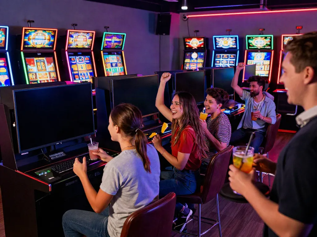 Group enjoying slot Thailand games in a lively gaming lounge with vibrant lights.