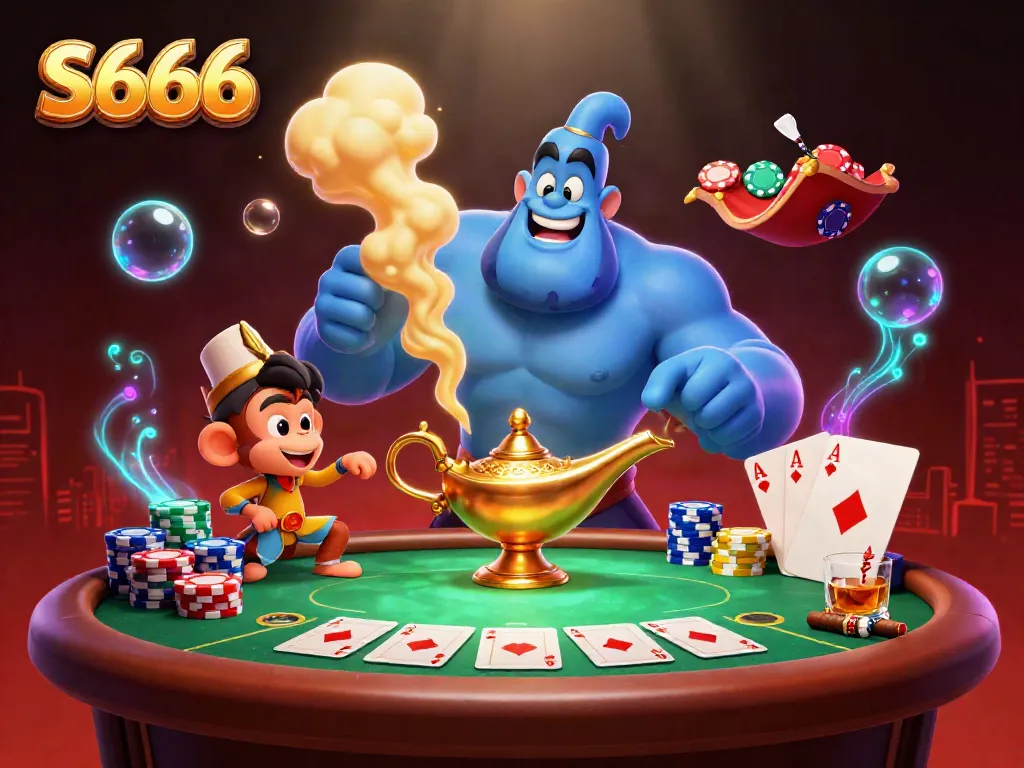 Experience thrilling poker action at S666 with a vibrant, detailed casino illustration.