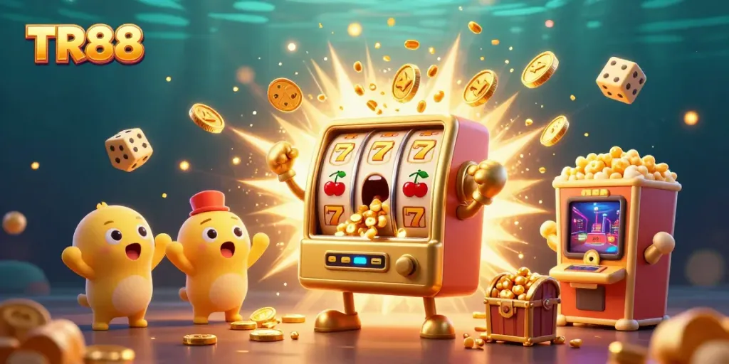 Experience TR88's exciting jackpots with a vibrant 3D scene featuring golden slot machines and coins in action.