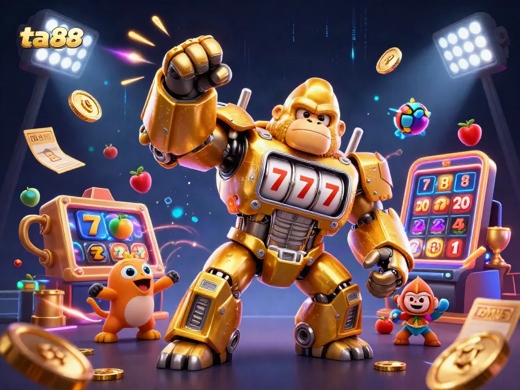 Engage with ta88's exciting slot games featuring a golden gorilla mech and dynamic casino elements.