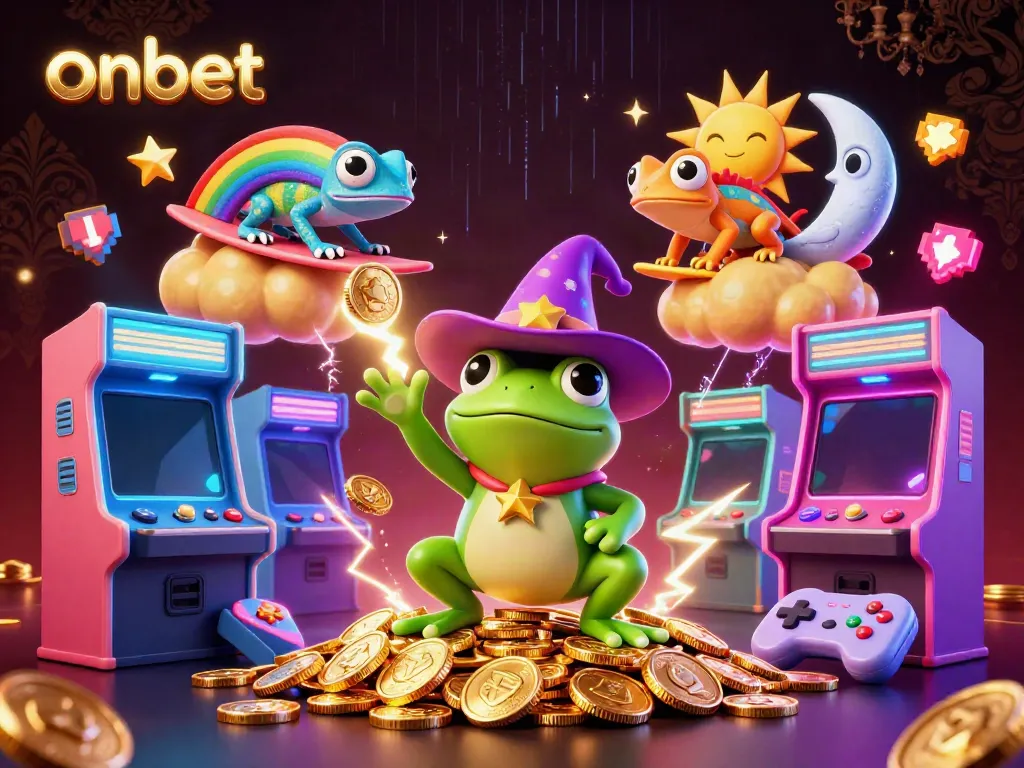 Engage with the exciting onbet casino experience, where a wizard frog conjures golden coins amidst vibrant gaming elements.