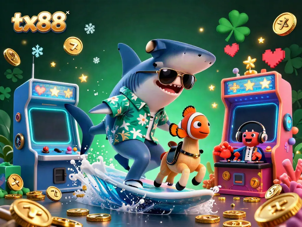 Win big with tx88 as you join the fun with a shark surfing gold coins in a bright 3D casino.