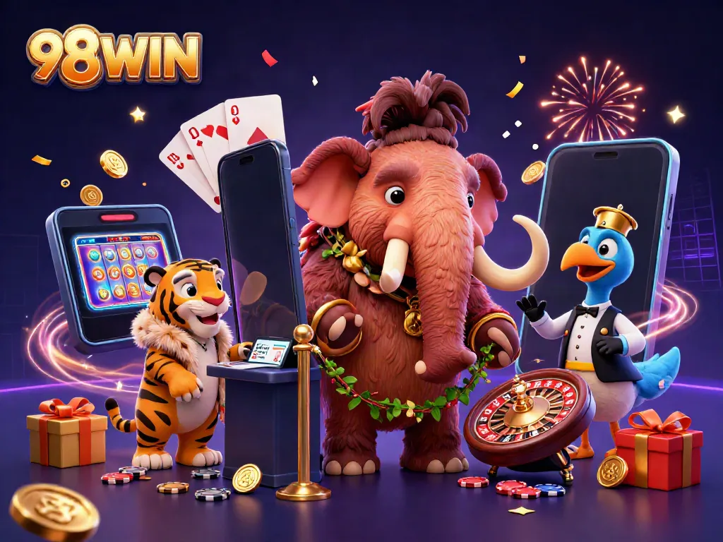 Experience the excitement at 98WIN with a vibrant casino scene featuring a woolly mammoth, saber-tooth tiger, and dodo bird.