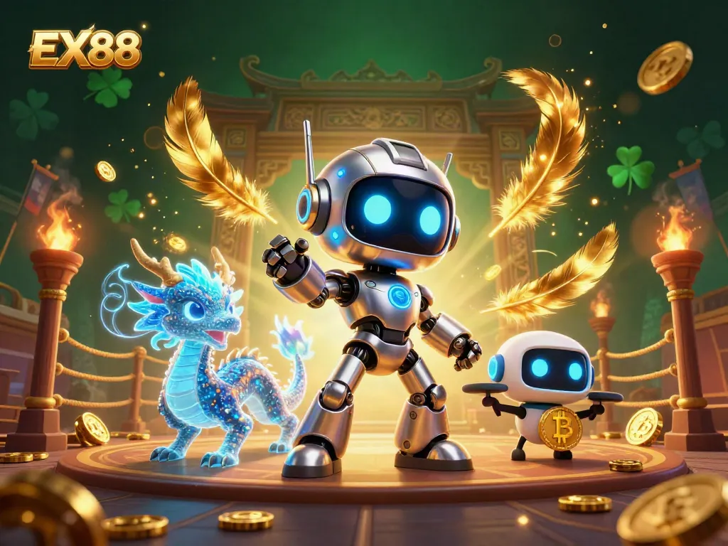 Engage in thrilling gaming at EX88 with a neon-lit casino scene featuring robots and an AI dragon.