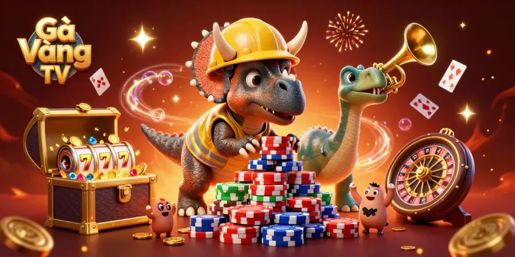 Experience thrilling gameplay with Gà Vàng TV as characters stack poker chips while celebrating in a vibrant casino.