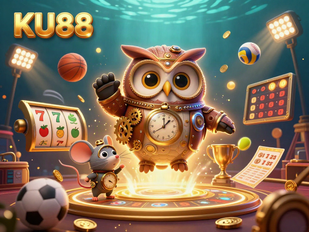 Experience thrilling gameplay at KU88 with interactive slot games and sports elements in a vibrant casino scene.