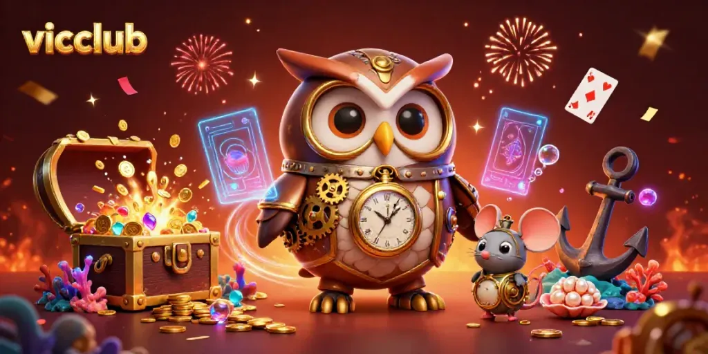 Experience excitement with vicclub's dynamic 3D casino scene featuring a time-traveling owl and delightful game elements.