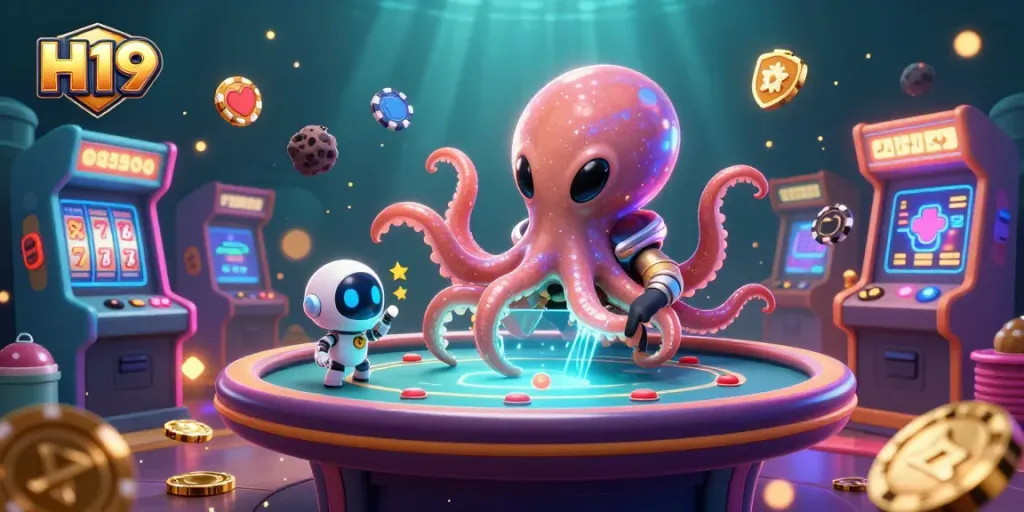 Experience thrilling gameplay at H19 with an alien octopus managing a holographic poker table surrounded by vibrant casino elements.