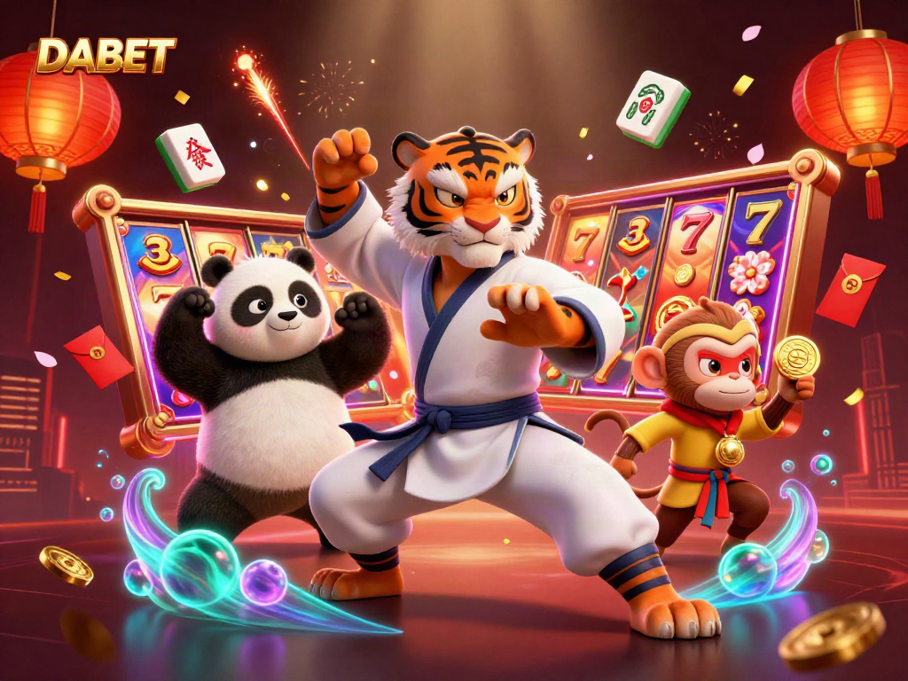 DABET slots and playful characters illustrate winning strategies in an engaging casino scene