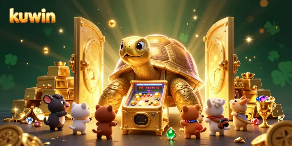 Kuwin casino cartoon featuring a golden tortoise pinball machine surrounded by treasure and excited players.