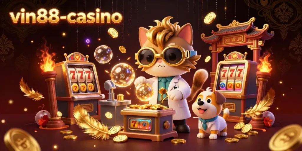 Experience vin88-casino with thrilling gameplay as a mad scientist cat and lab dog create a jackpot machine.