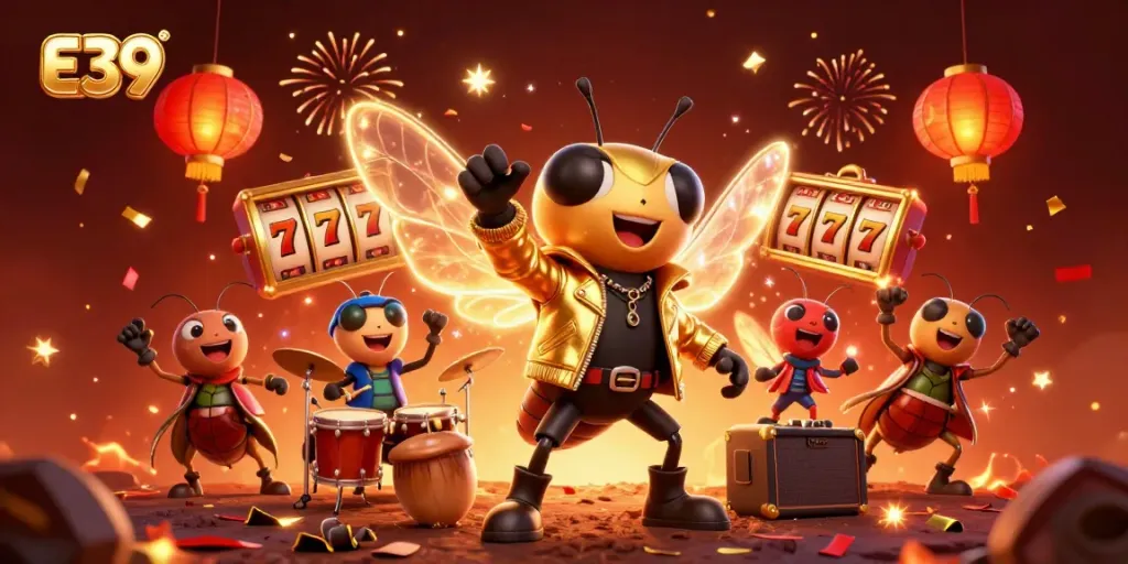 Join the exhilarating gaming experience at E39 with a rock star cicada, lively drummer, and festive elements.