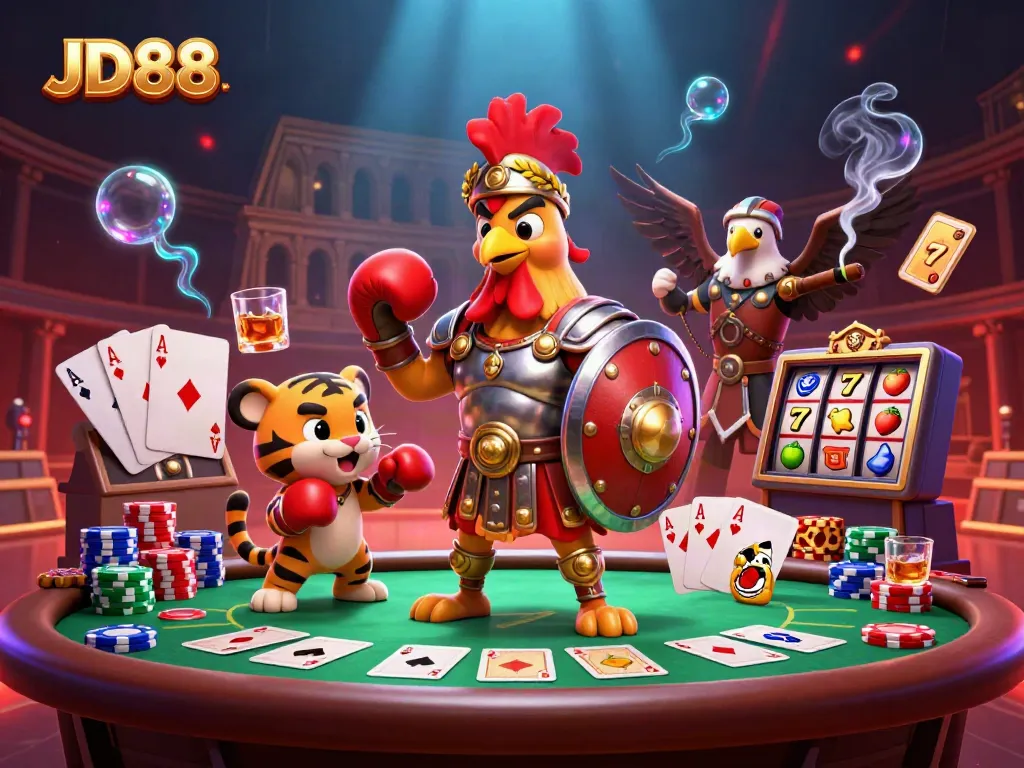 Engage with JD88's vibrant casino world featuring a rooster, tiger cub, and eagle among lively gaming elements.
