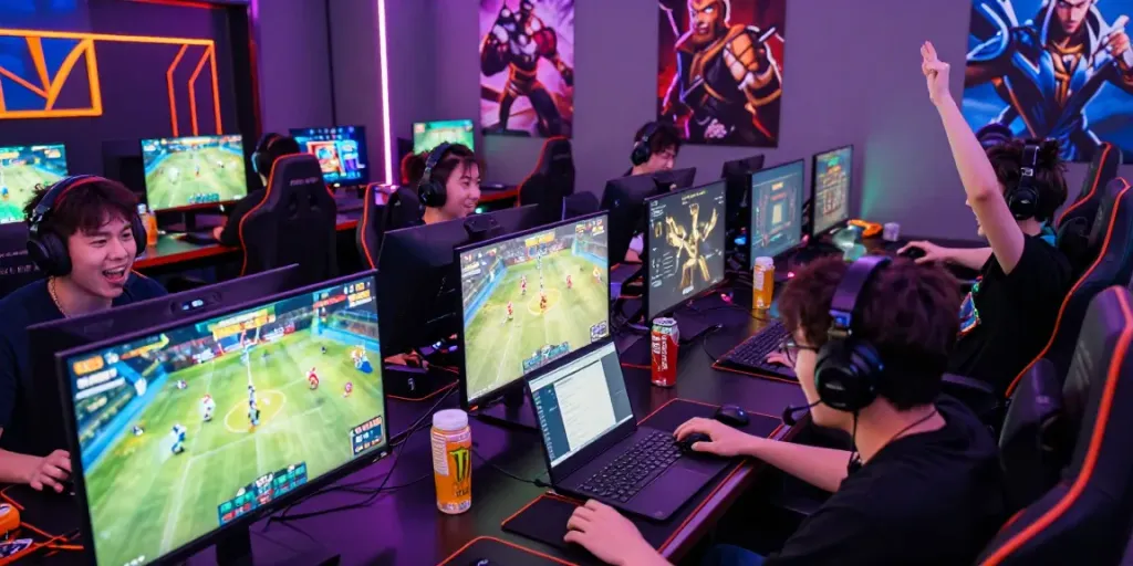 Wismabet dan gamer bersemangat dalam lingkungan permainan online yang dinamis.