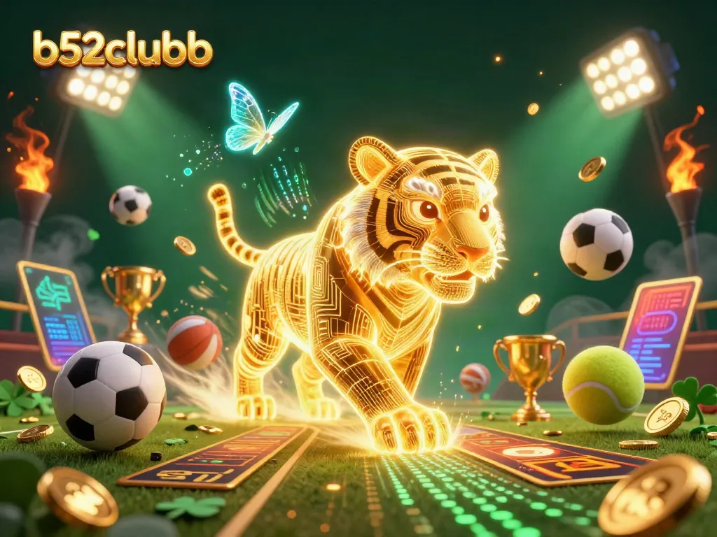 Experience b52clubb with a vibrant digital casino landscape showcasing a neon tiger and sports elements.