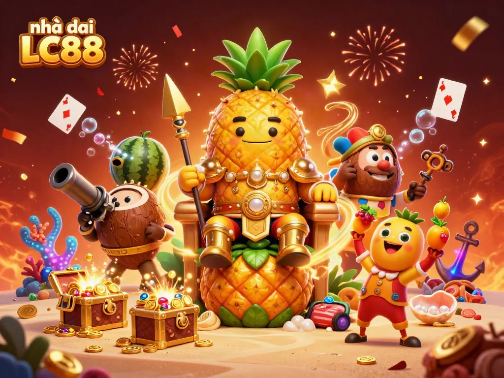 Engage in gaming at nhà cái LC88 with a vibrant online casino scene featuring a golden pineapple king.