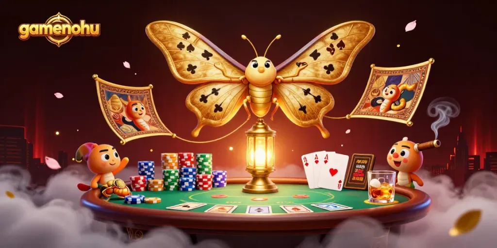 Engage with gamenohu's enchanting casino scene featuring a vibrant poker setup and golden moth.