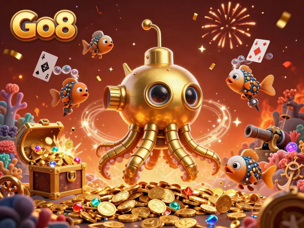 Engage with Go8's thrilling underwater casino adventure amid golden coins and vibrant treasures.