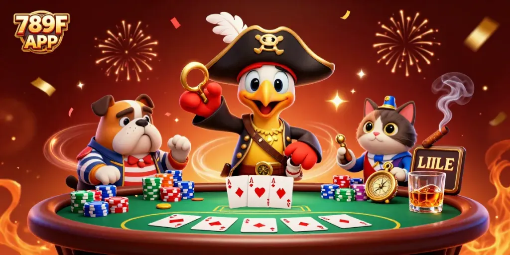 Experience online gambling with the vibrant 789F APP, featuring colorful casino elements and dynamic characters.