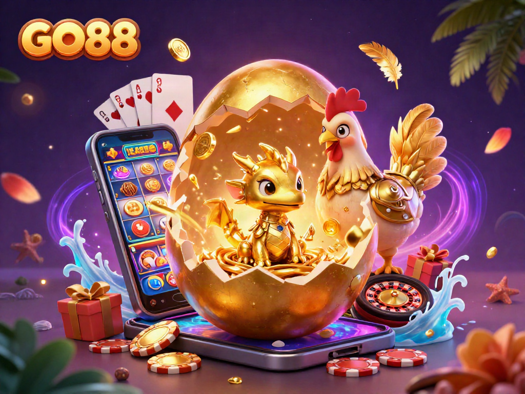 Engage with GO88's vibrant 3D illustration featuring golden symbols of luck and casino games.