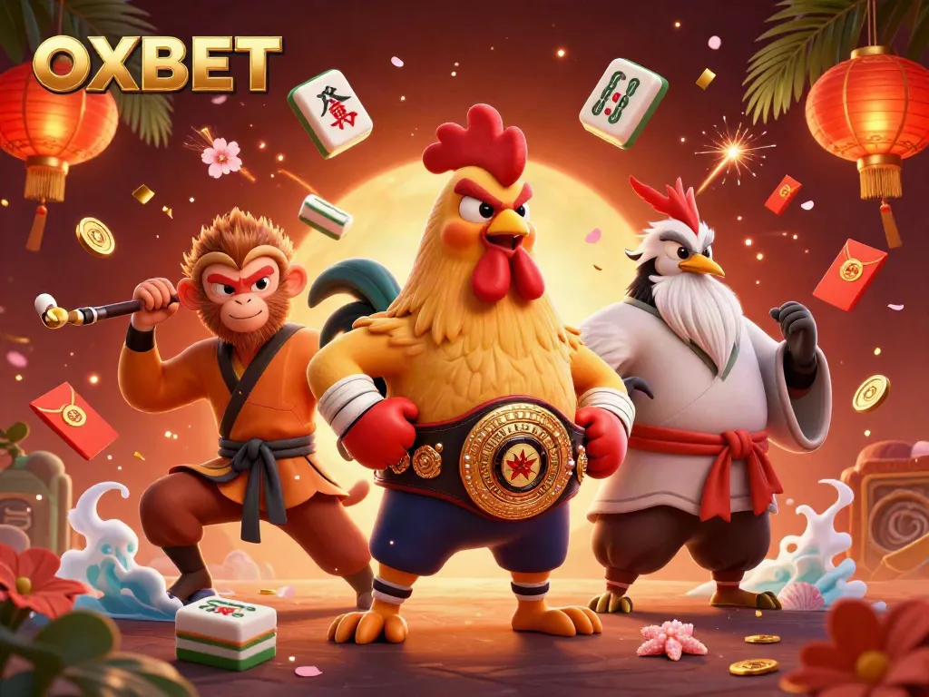 Join fierce OXBET characters celebrating with vibrant symbols of luck and prosperity.