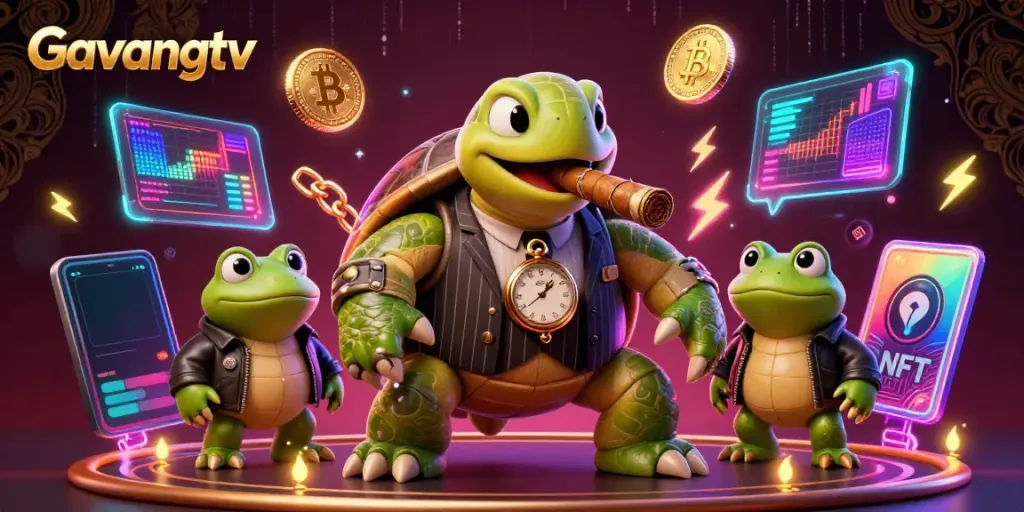 Engage with Gavangtv through vibrant 3D casino illustration featuring dynamic characters and glowing crypto elements.