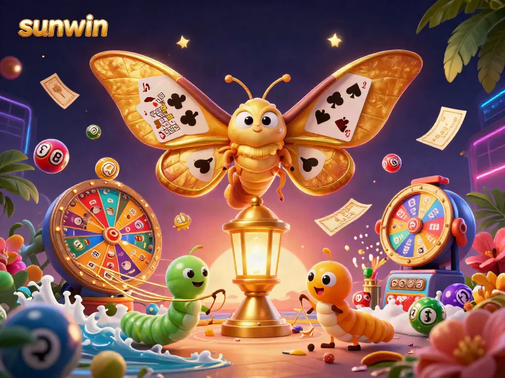 Engage with sunwin's vibrant casino world featuring golden moth, dynamic lottery balls, and treasure elements.