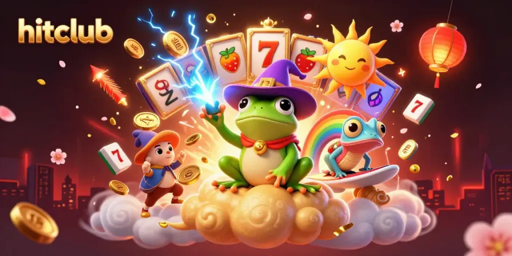 Experience the thrill of hitclub with a wizard frog casting golden coins amidst a vibrant casino scene.