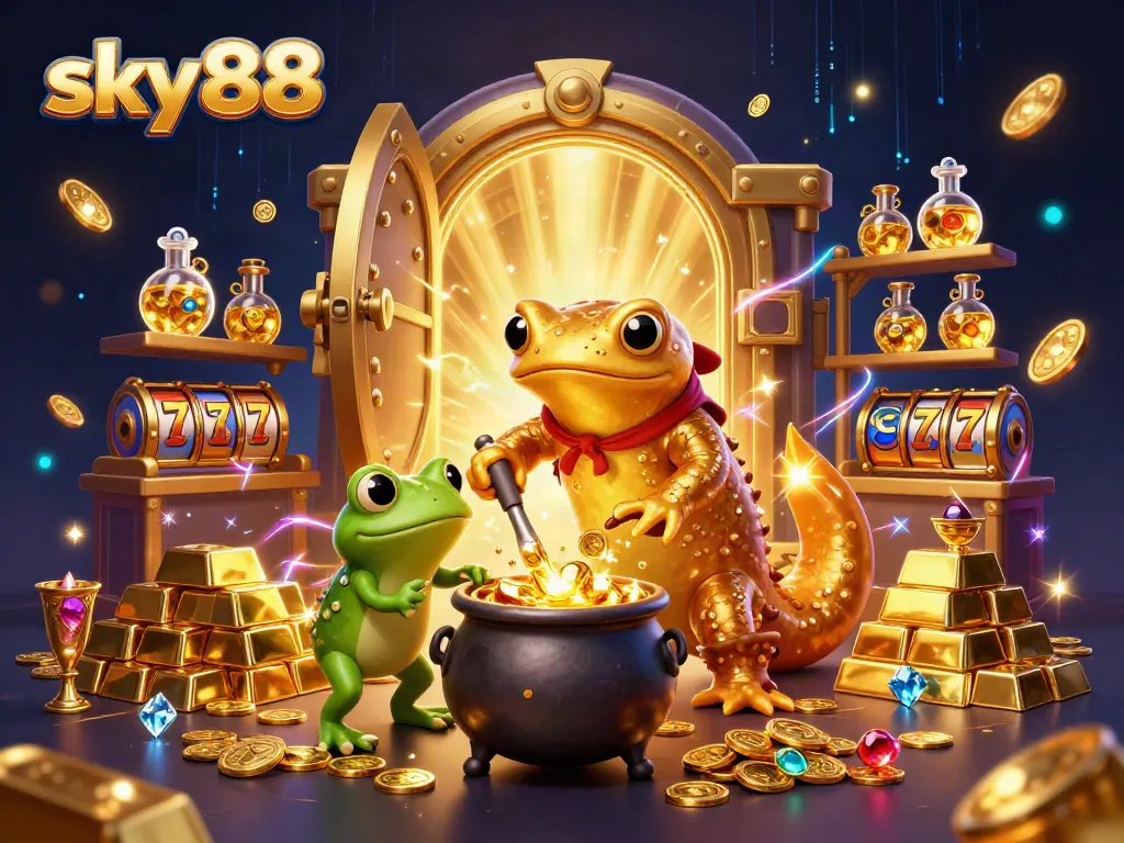 Engage with sky88's festive gaming scene featuring golden elements and vibrant casino activities