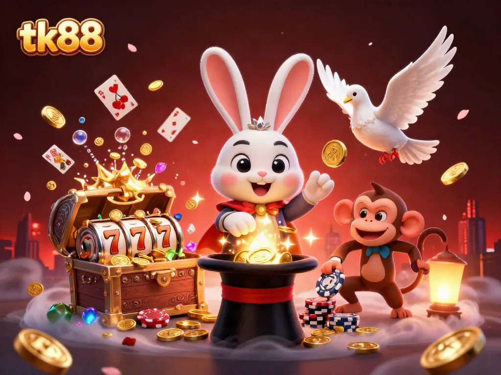 Engage in thrilling adventures with tk88 as a magician rabbit reveals golden treasure amidst vibrant casino elements.