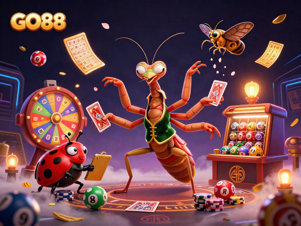 Engage with the vibrant GO88 casino scene featuring a card sharp mantis and dynamic lottery elements.