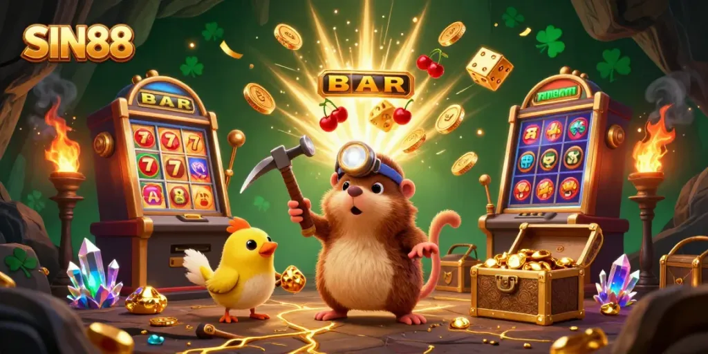 SIN88 gaming scene showcasing a treasure hunter mole and canary navigating a lavish casino adventure filled with jackpots and excitement.