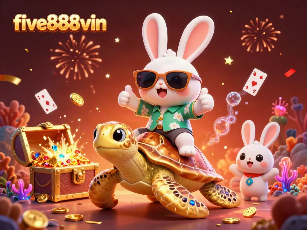 Win big with five888vin at this vibrant casino adventure featuring lucky rabbit and golden turtle.